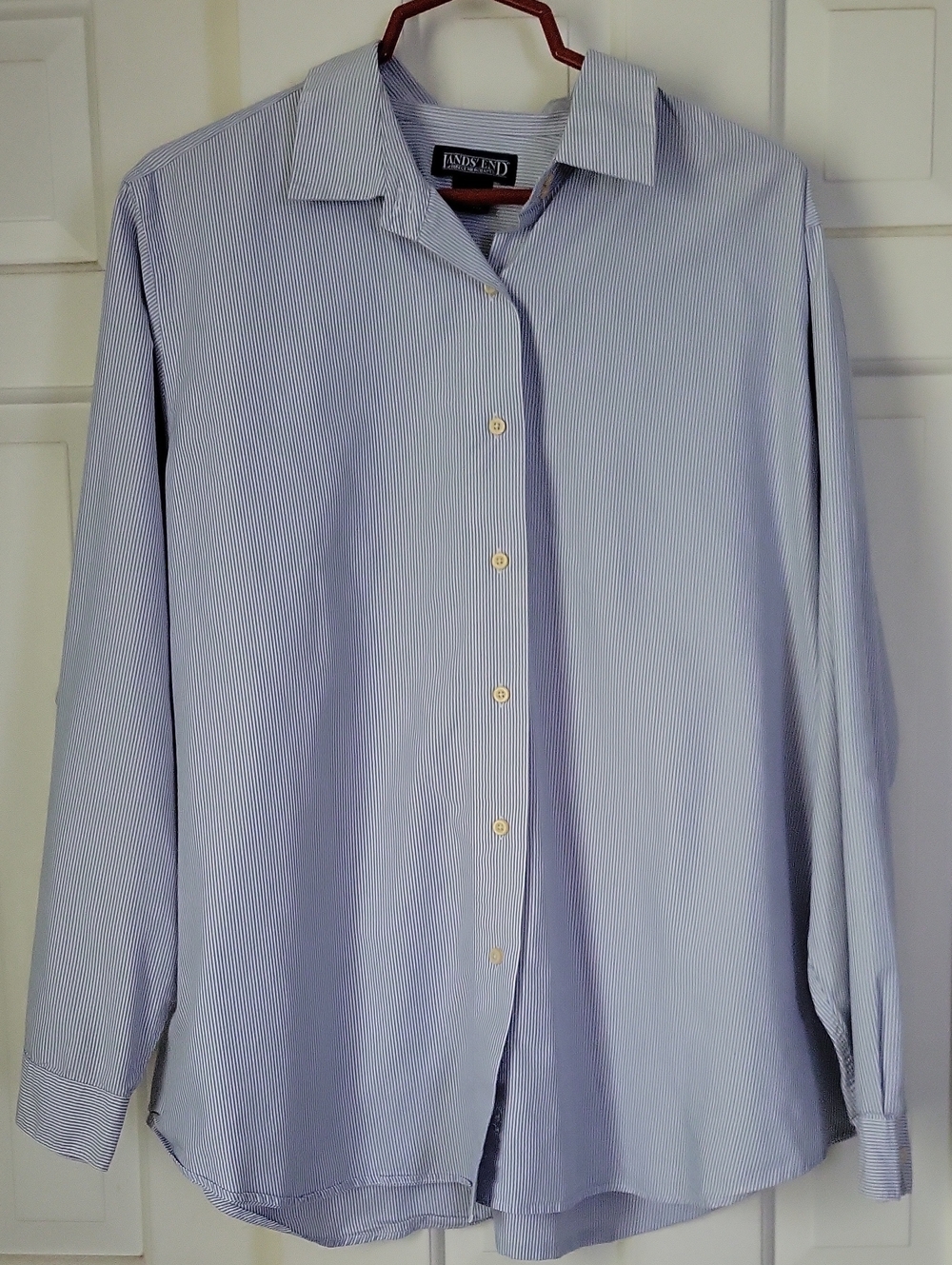 Lands' End Womens Blue Pinstripe Button-Down Shirt Sz 24w Coastal Beach